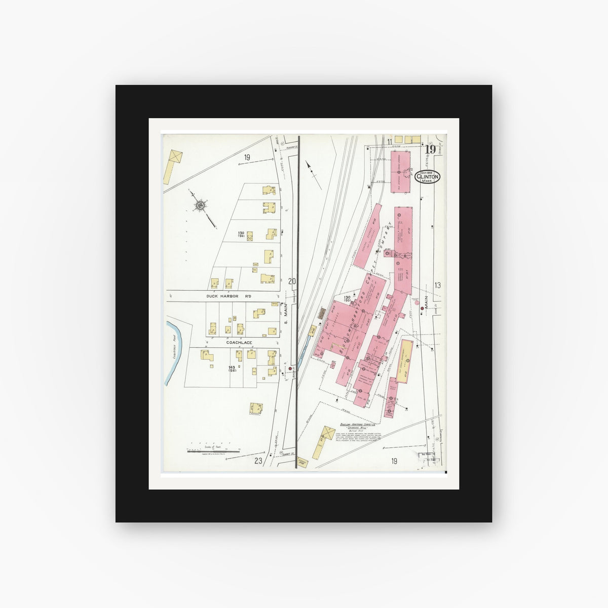 Old map wall art mockup — black gallery frame with white mat — Sanborn Fire Insurance Map from Clinton, Worcester County, Massachusetts (1919), Sheet #0019