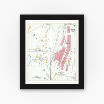 Old map wall art mockup — black gallery frame with white mat — Sanborn Fire Insurance Map from Clinton, Worcester County, Massachusetts (1919), Sheet #0019