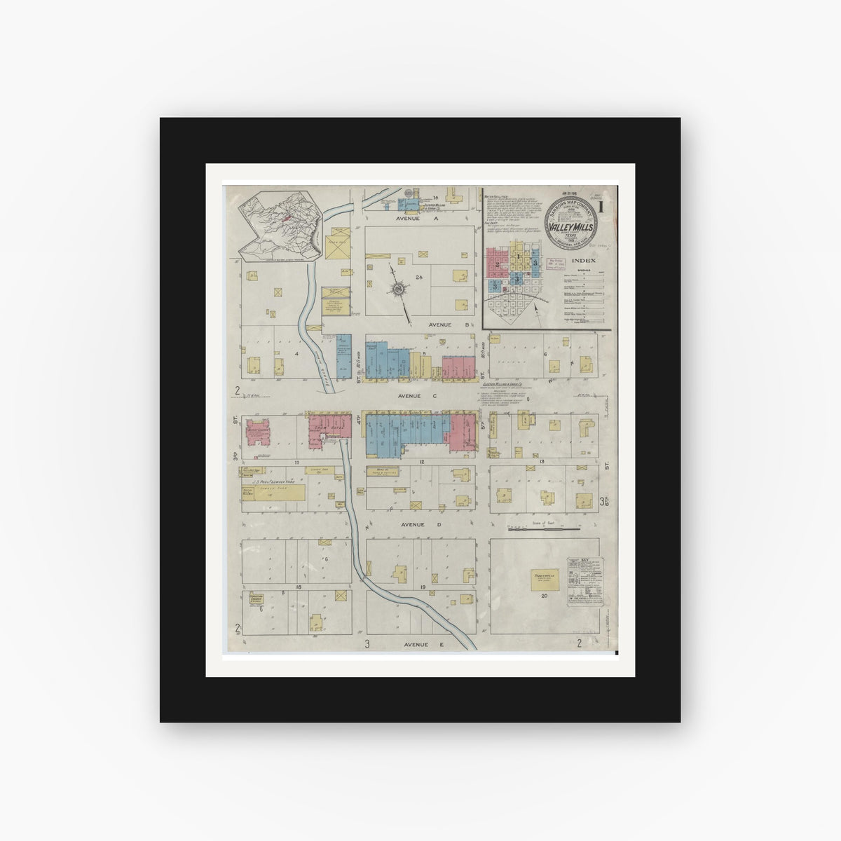 Old map wall art mockup — black gallery frame with white mat — Sanborn Fire Insurance Map from Valley Mills, Bosque County, Texas (1915) - Complete Map Set