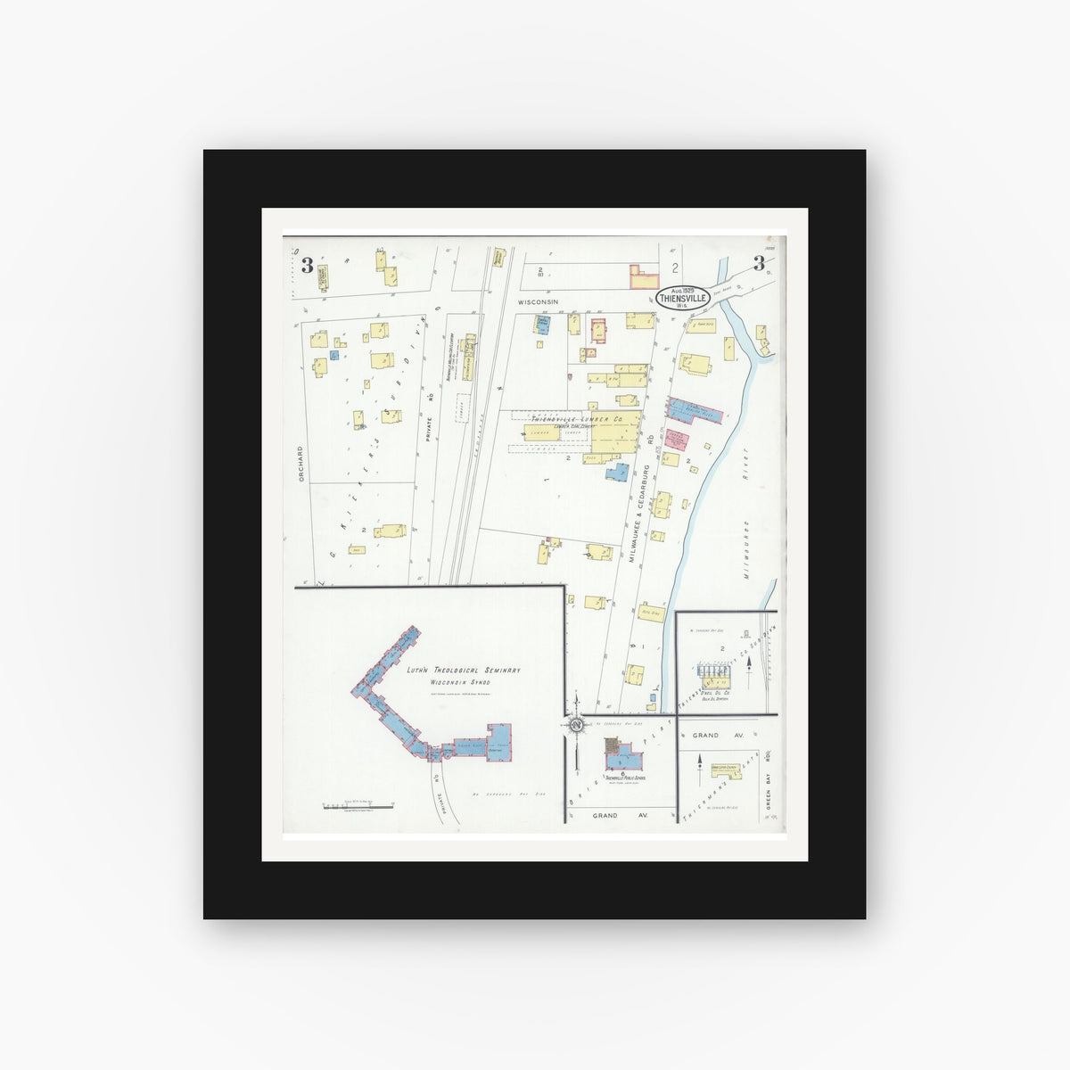 Old map wall art mockup — black gallery frame with white mat — Sanborn Fire Insurance Map from Thiensville, Ozaukee County, Wisconsin (1929), Sheet #0003
