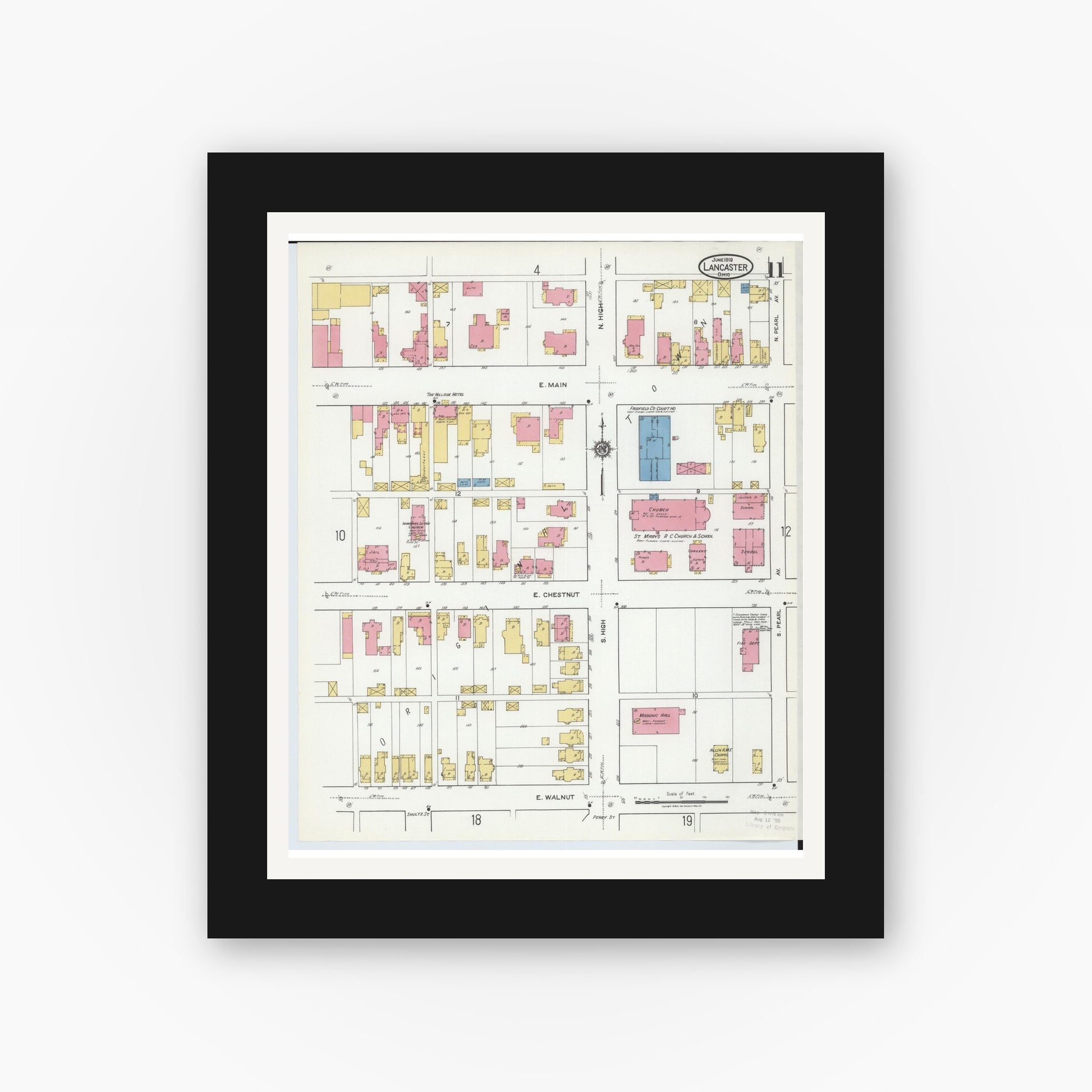 Old map wall art mockup — black gallery frame with white mat — Sanborn Fire Insurance Map from Lancaster, Fairfield County, Ohio (1919), Sheet #0011