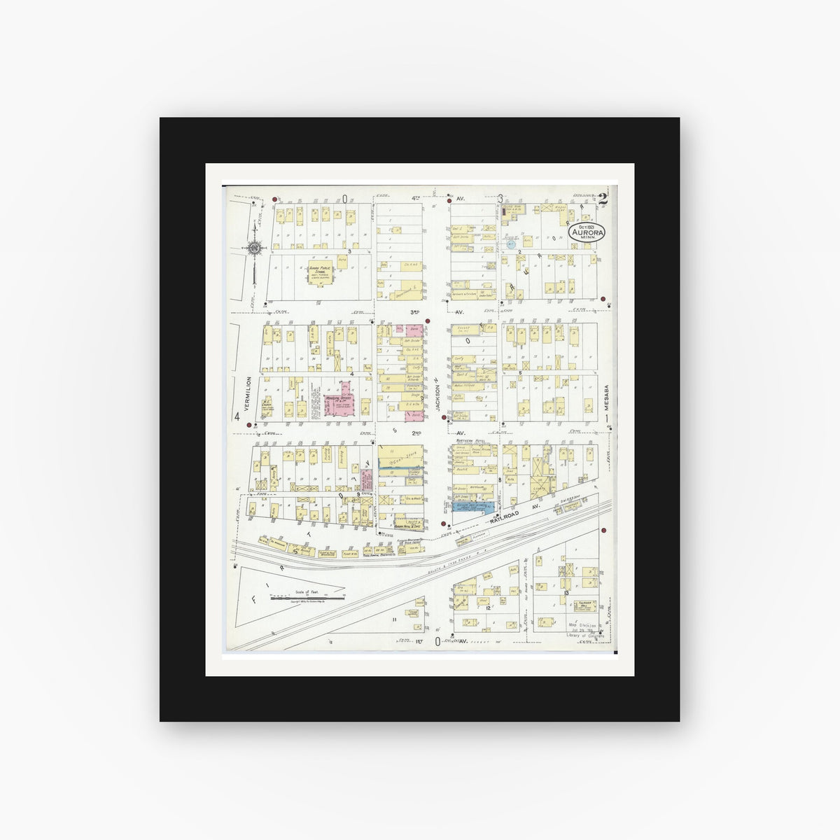 Old map wall art mockup — black gallery frame with white mat — Sanborn Fire Insurance Map from Aurora, Saint Louis County, Minnesota (1921), Sheet #0002