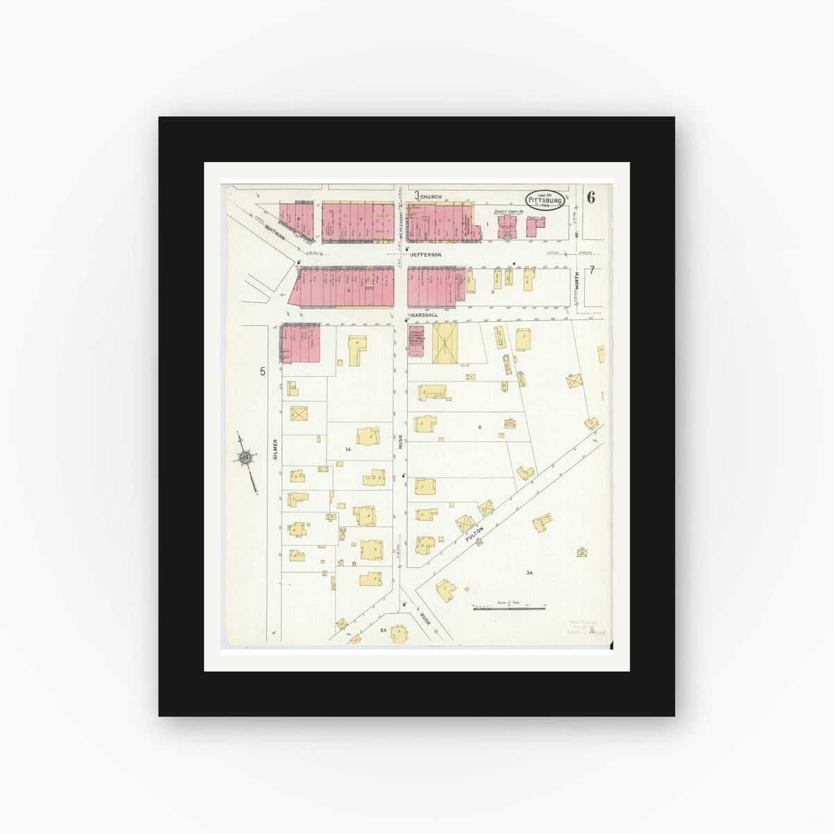 Old map wall art mockup — black gallery frame with white mat — Sanborn Fire Insurance Map from Pittsburg, Camp County, Texas (1911), Sheet #0006