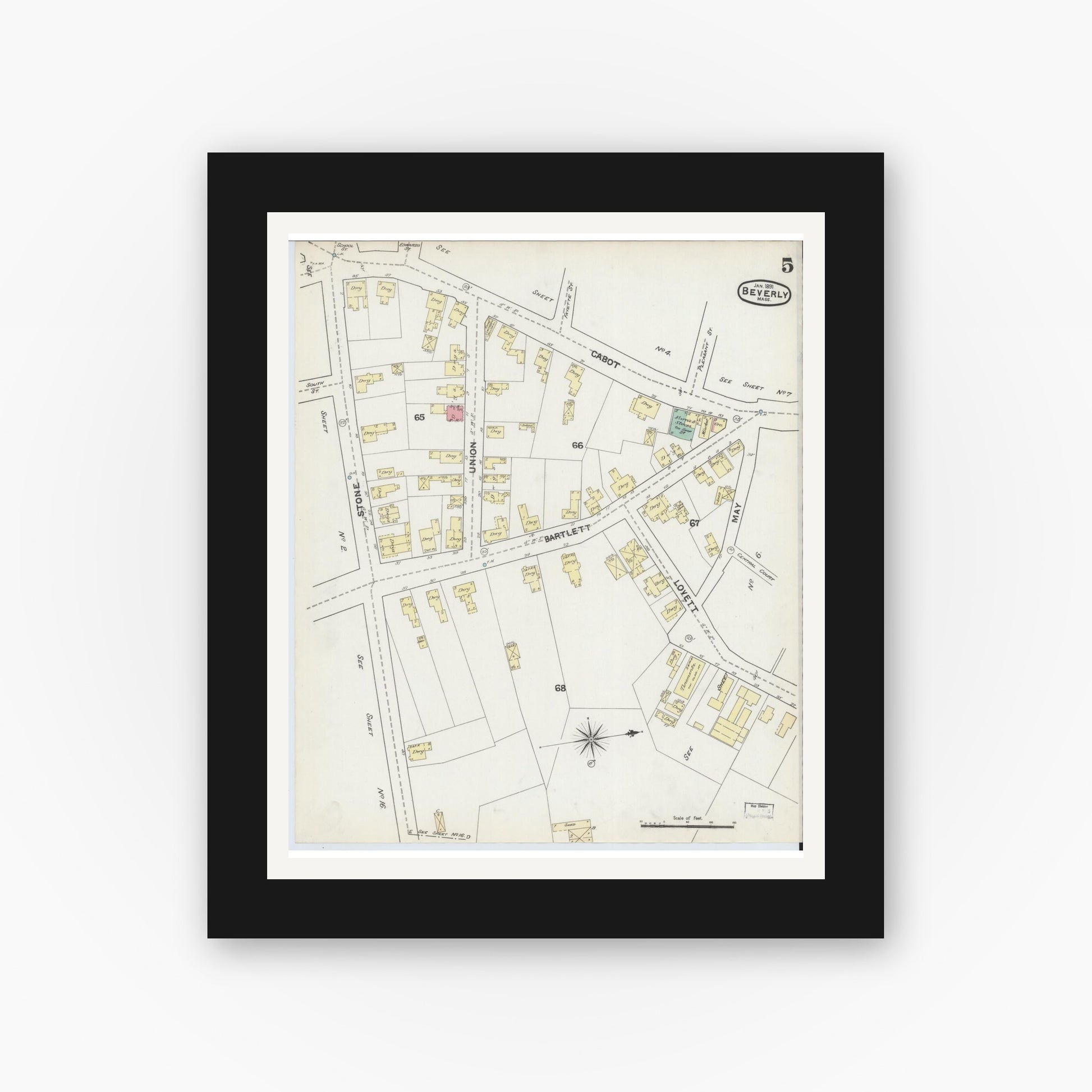 Old map wall art mockup — black gallery frame with white mat — Sanborn Fire Insurance Map from Beverly, Essex County, Massachusetts (1891), Sheet #0005