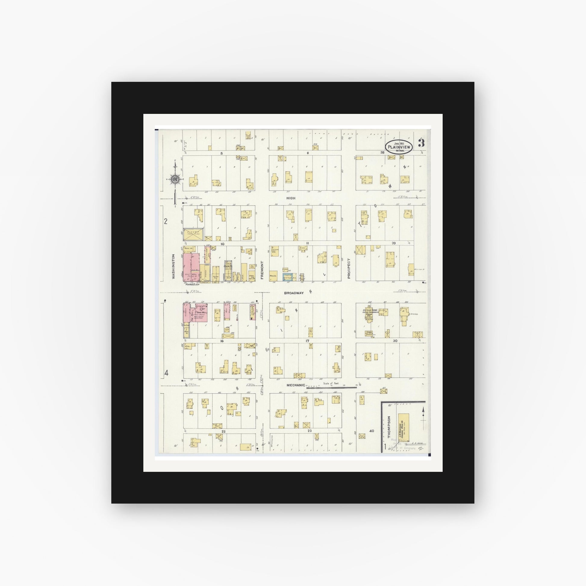 Old map wall art mockup — black gallery frame with white mat — Sanborn Fire Insurance Map from Plainview, Wabasha County, Minnesota (1911), Sheet #0003