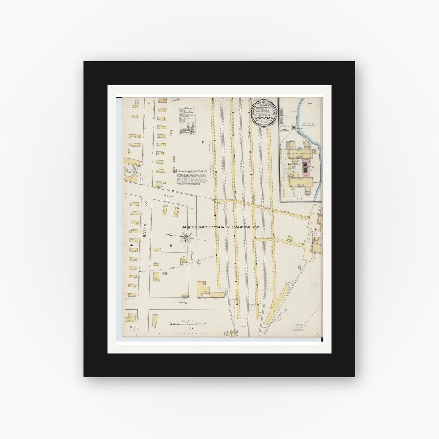 Old map wall art mockup — black gallery frame with white mat — Sanborn Fire Insurance Map from Atkinson, Iron County, Michigan (1893), Sheet #0001