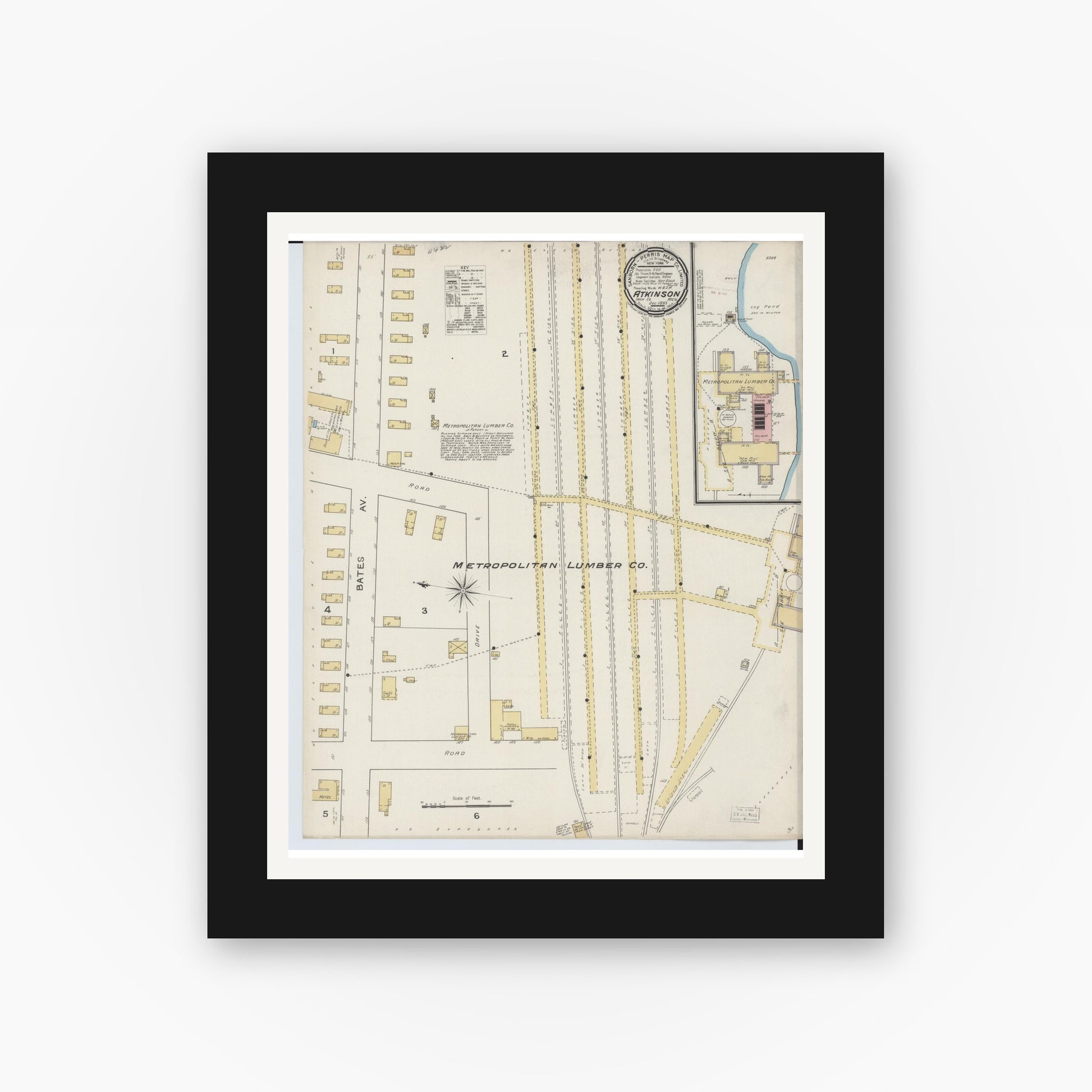 Old map wall art mockup — black gallery frame with white mat — Sanborn Fire Insurance Map from Atkinson, Iron County, Michigan (1893), Sheet #0001