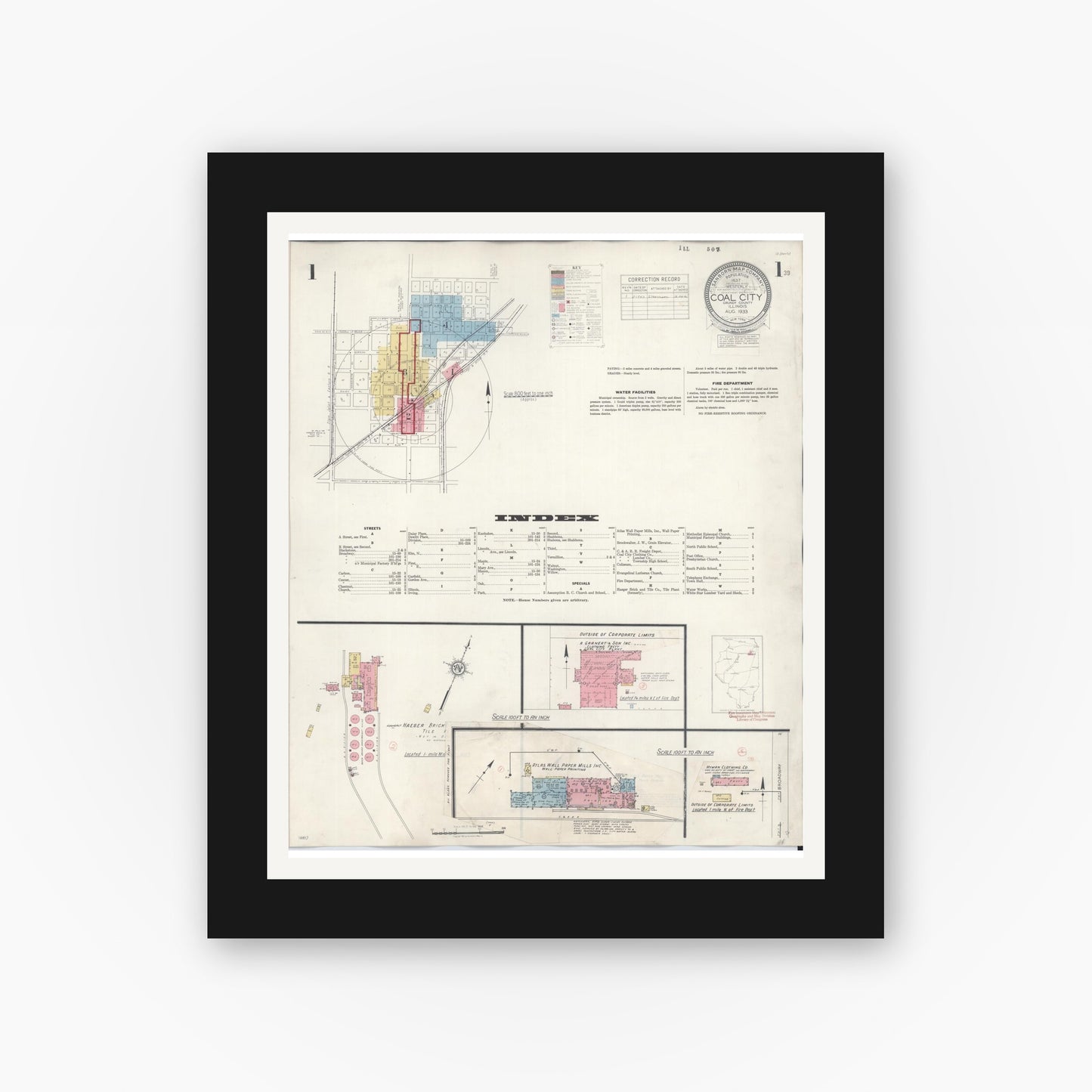 Old map wall art mockup — black gallery frame with white mat — Sanborn Fire Insurance Map from Coal City, Grundy County, Illinois (1943) - Complete Map Set