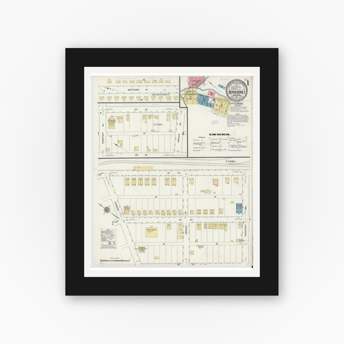 Old map wall art mockup — black gallery frame with white mat — Sanborn Fire Insurance Map from Beaverdale, Cambria County, Pennsylvania (1911) - Complete Map Set