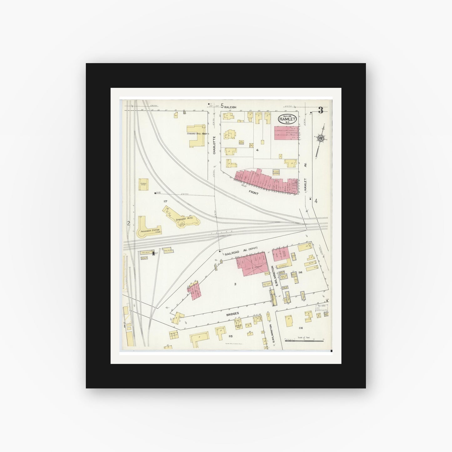 Old map wall art mockup — black gallery frame with white mat — Sanborn Fire Insurance Map from Hamlet, Richmond County, North Carolina (1916), Sheet #0003