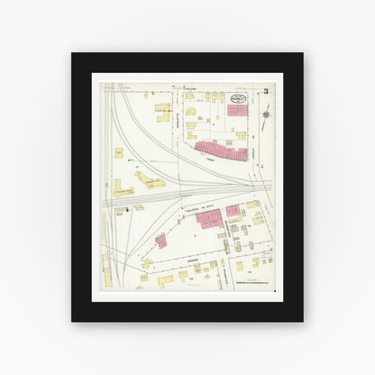 Old map wall art mockup — black gallery frame with white mat — Sanborn Fire Insurance Map from Hamlet, Richmond County, North Carolina (1916), Sheet #0003