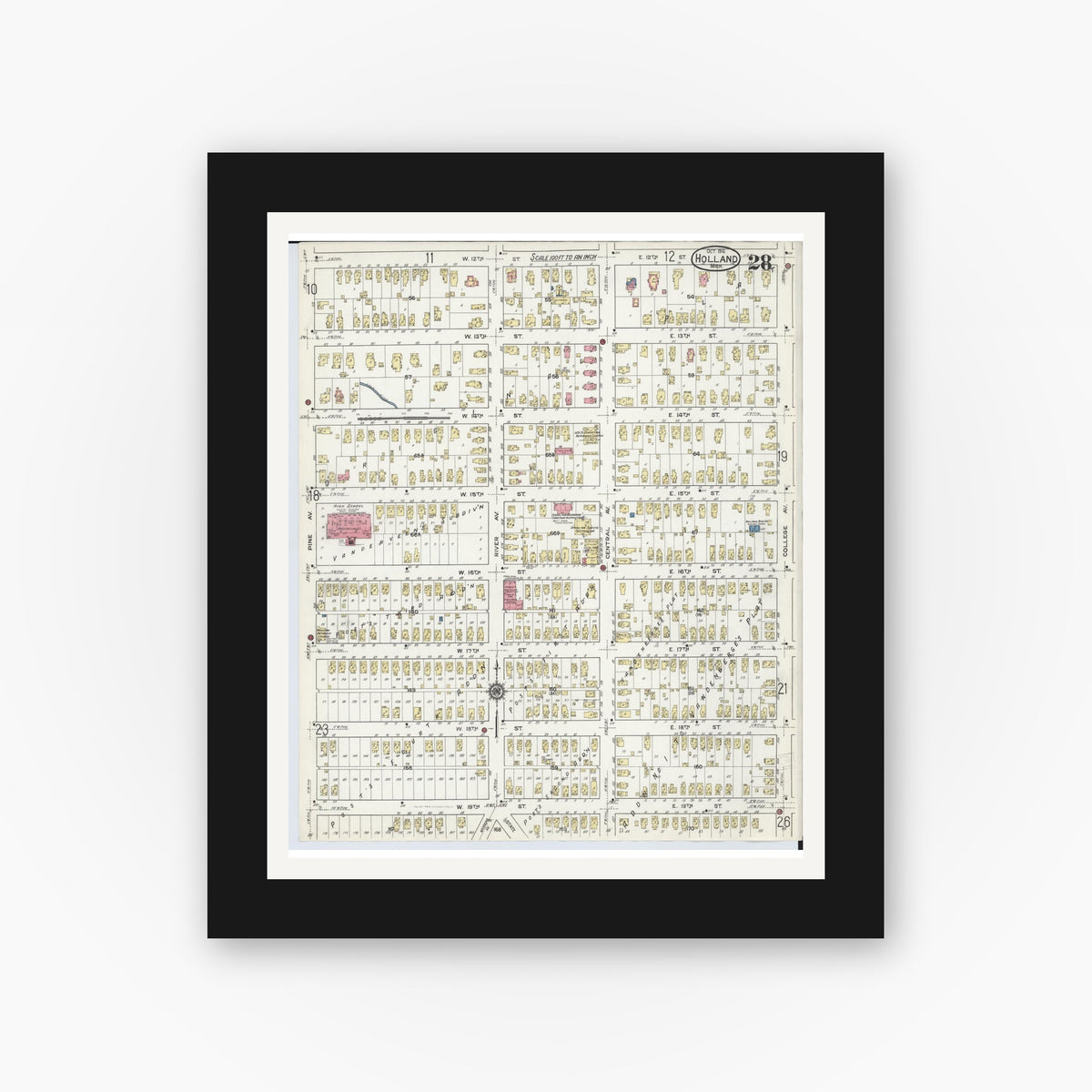 Old map wall art mockup — black gallery frame with white mat — Sanborn Fire Insurance Map from Holland, Ottawa County, Michigan (1916), Sheet #0028