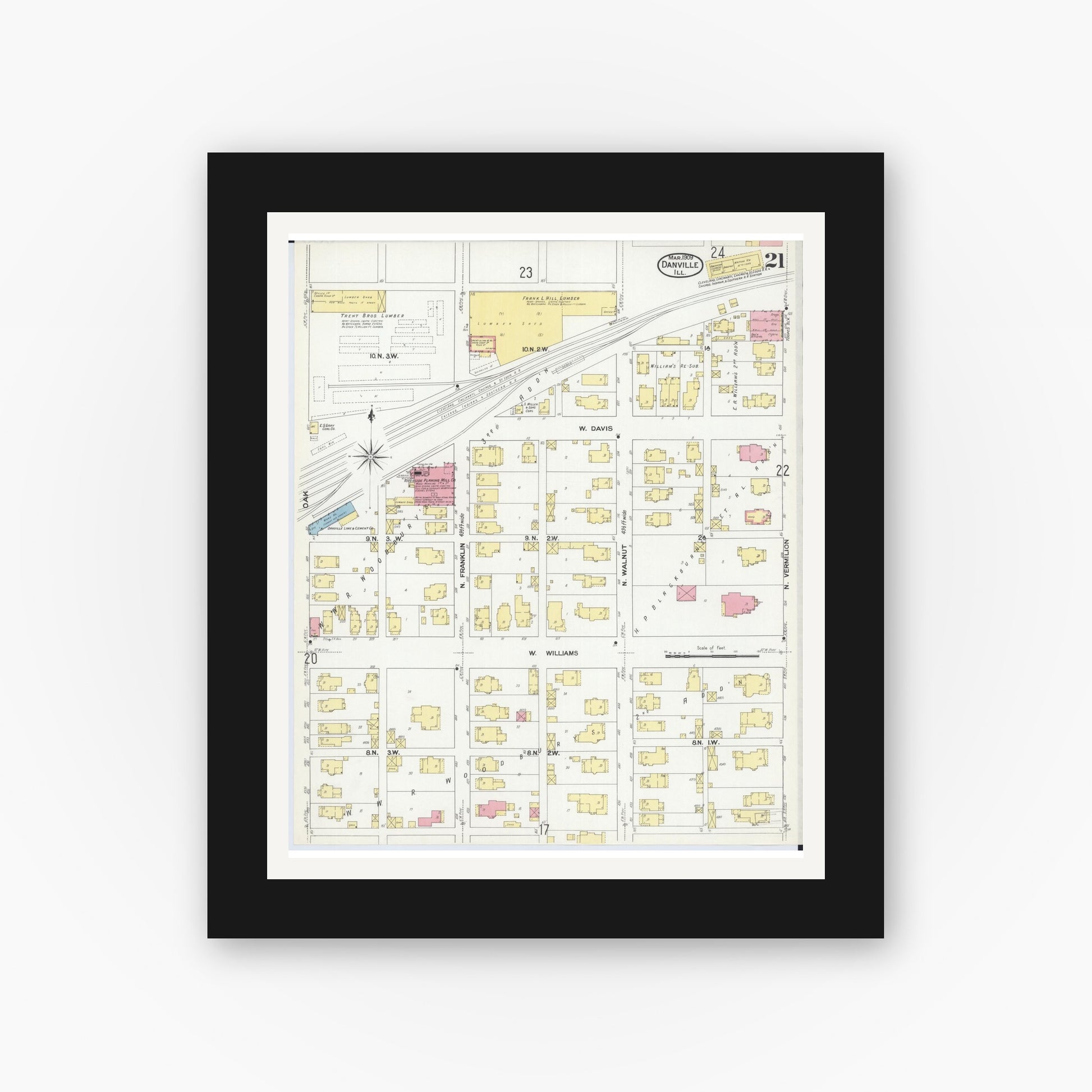 Old map wall art mockup — black gallery frame with white mat — Sanborn Fire Insurance Map from Danville, Vermilion County, Illinois (1909), Sheet #0021