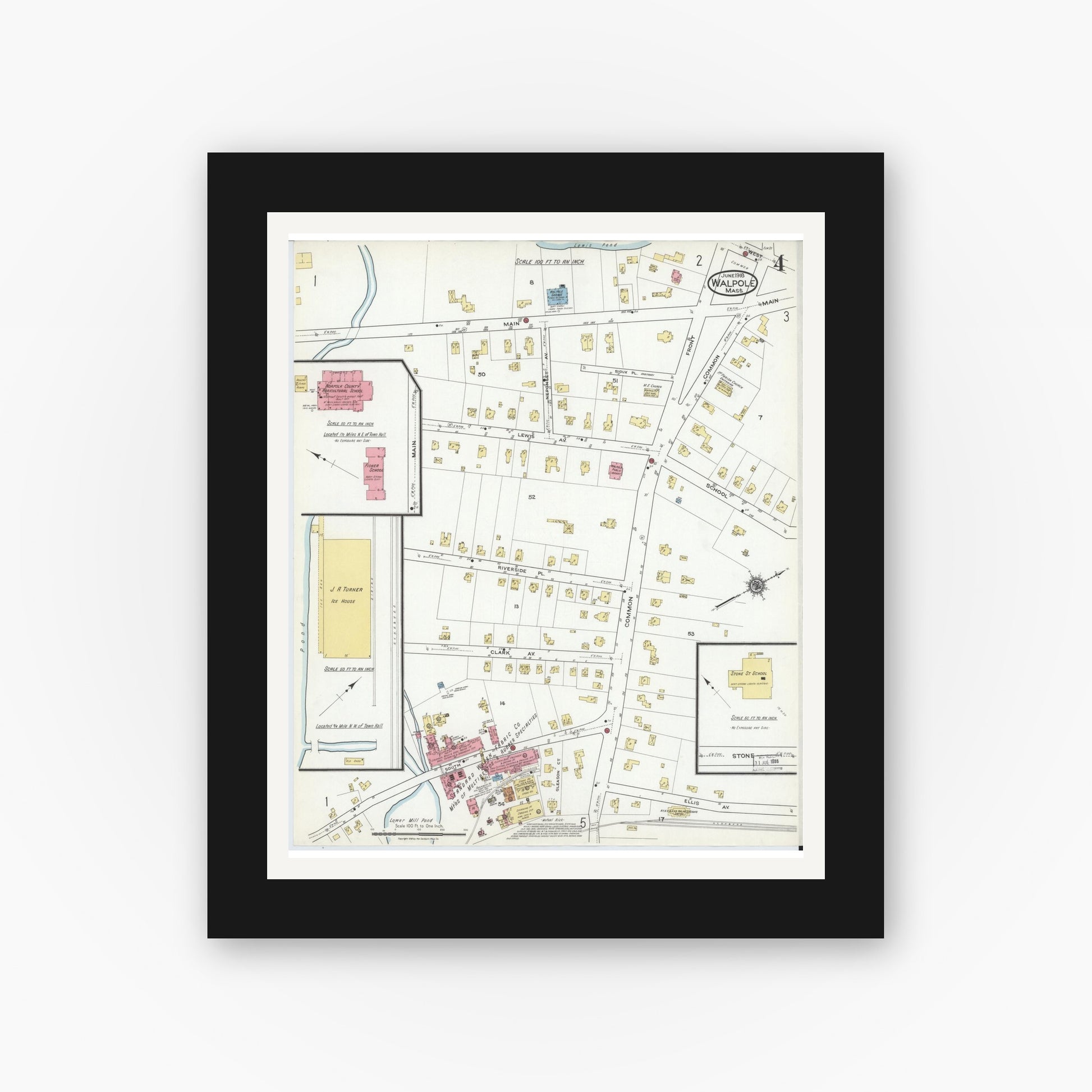 Old map wall art mockup — black gallery frame with white mat — Sanborn Fire Insurance Map from Walpole, Norfolk County, Massachusetts (1918), Sheet #0004