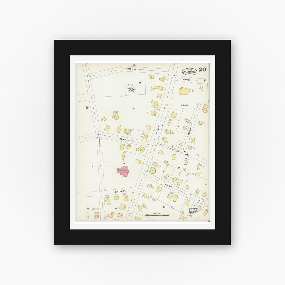 Old map wall art mockup — black gallery frame with white mat — Sanborn Fire Insurance Map from Chicopee, Hampden County, Massachusetts (1902), Sheet #0020