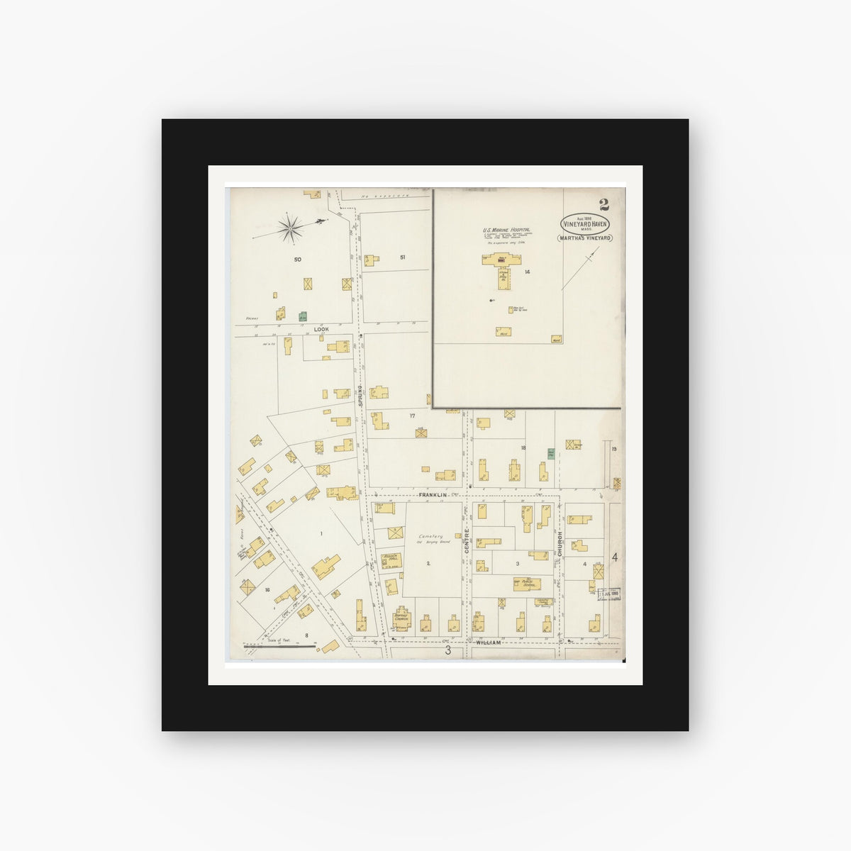 Old map wall art mockup — black gallery frame with white mat — Sanborn Fire Insurance Map from Vineyard Haven, Dukes County, Massachusetts (1898), Sheet #0002