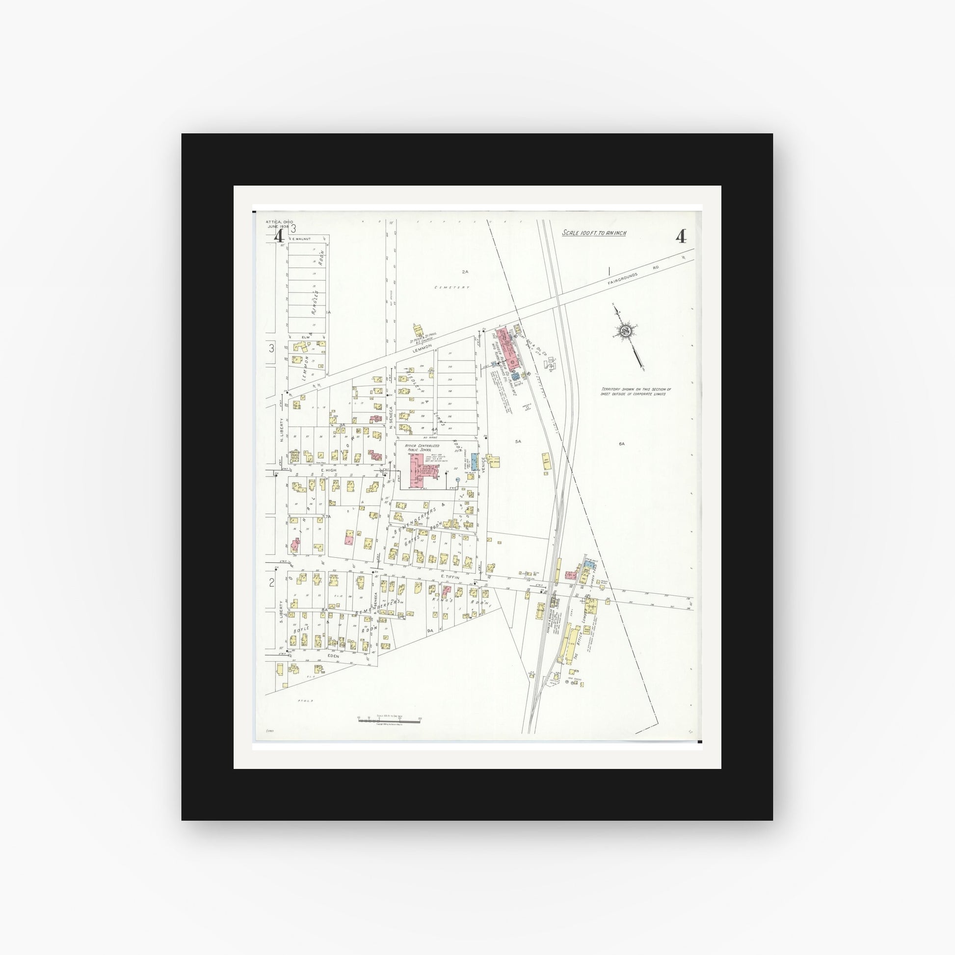 Old map wall art mockup — black gallery frame with white mat — Sanborn Fire Insurance Map from Attica, Seneca County, Ohio (1938), Sheet #0004