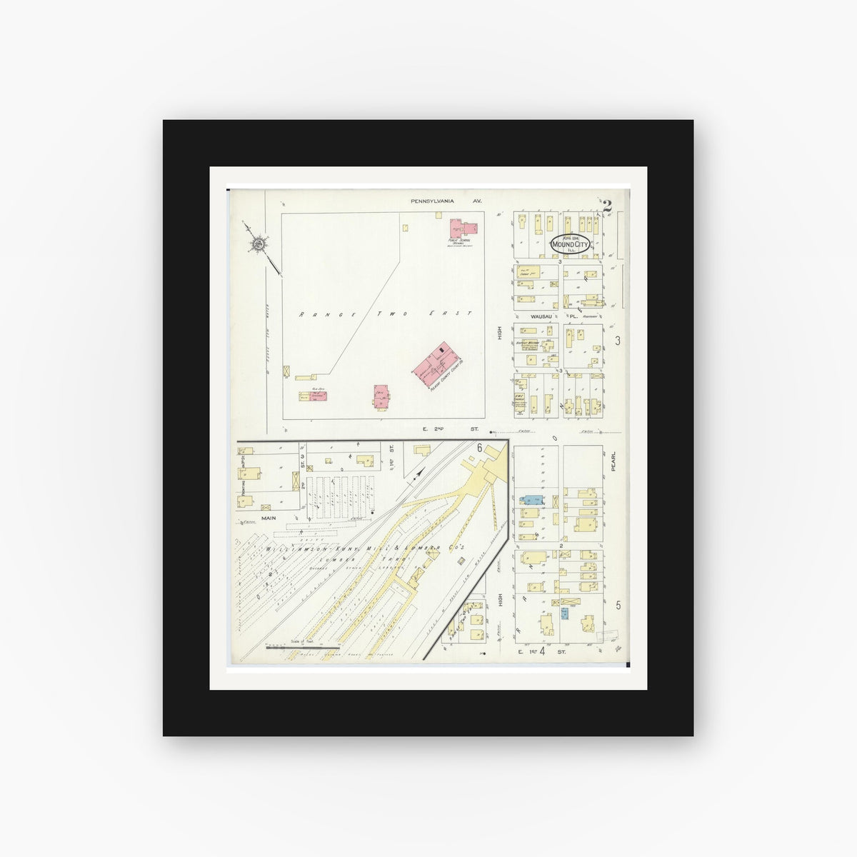 Old map wall art mockup — black gallery frame with white mat — Sanborn Fire Insurance Map from Mound City, Pulaski County, Illinois (1914), Sheet #0002