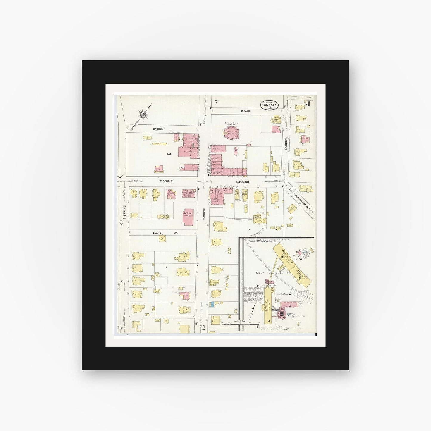 Old map wall art mockup — black gallery frame with white mat — Sanborn Fire Insurance Map from Concord, Cabarrus County, North Carolina (1911), Sheet #0004