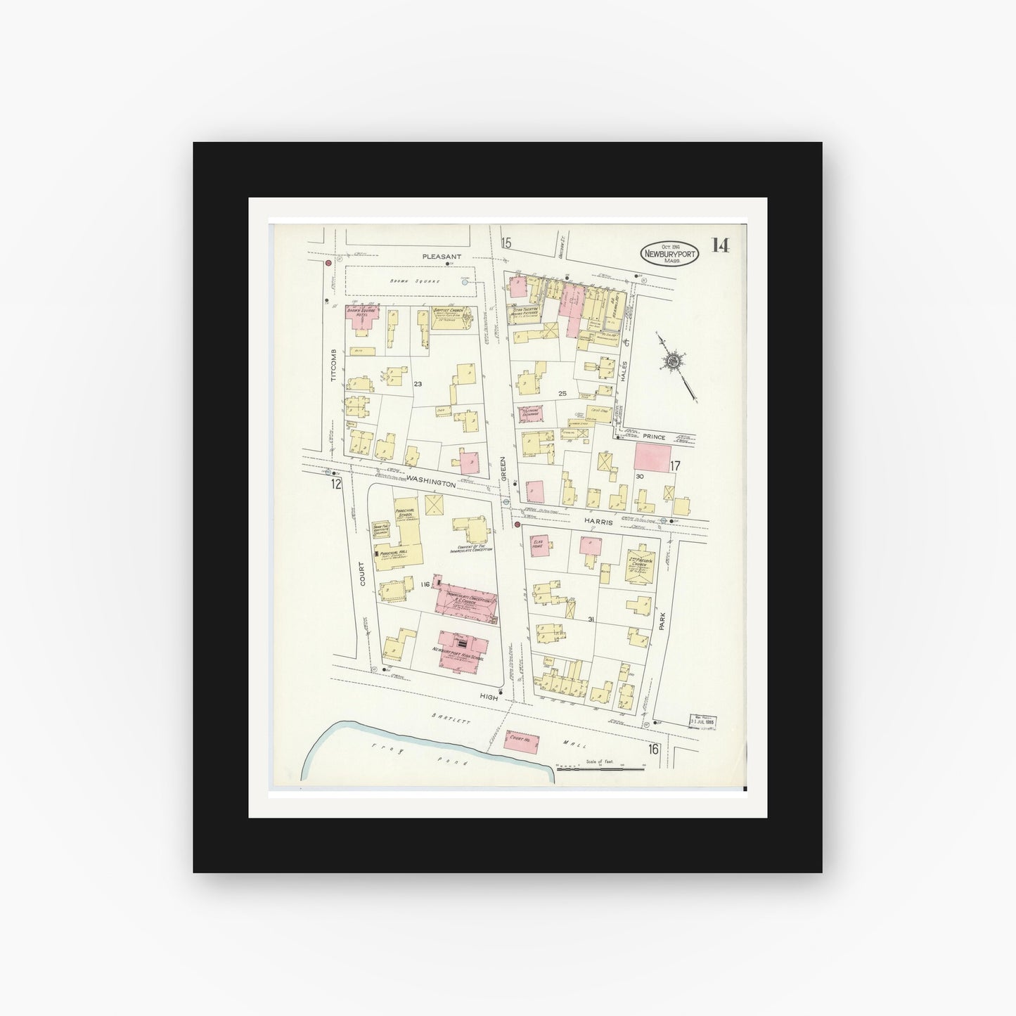 Old map wall art mockup — black gallery frame with white mat — Sanborn Fire Insurance Map from Newburyport, Essex County, Massachusetts (1914), Sheet #0014