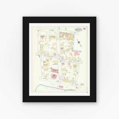 Old map wall art mockup — black gallery frame with white mat — Sanborn Fire Insurance Map from Newburyport, Essex County, Massachusetts (1914), Sheet #0014