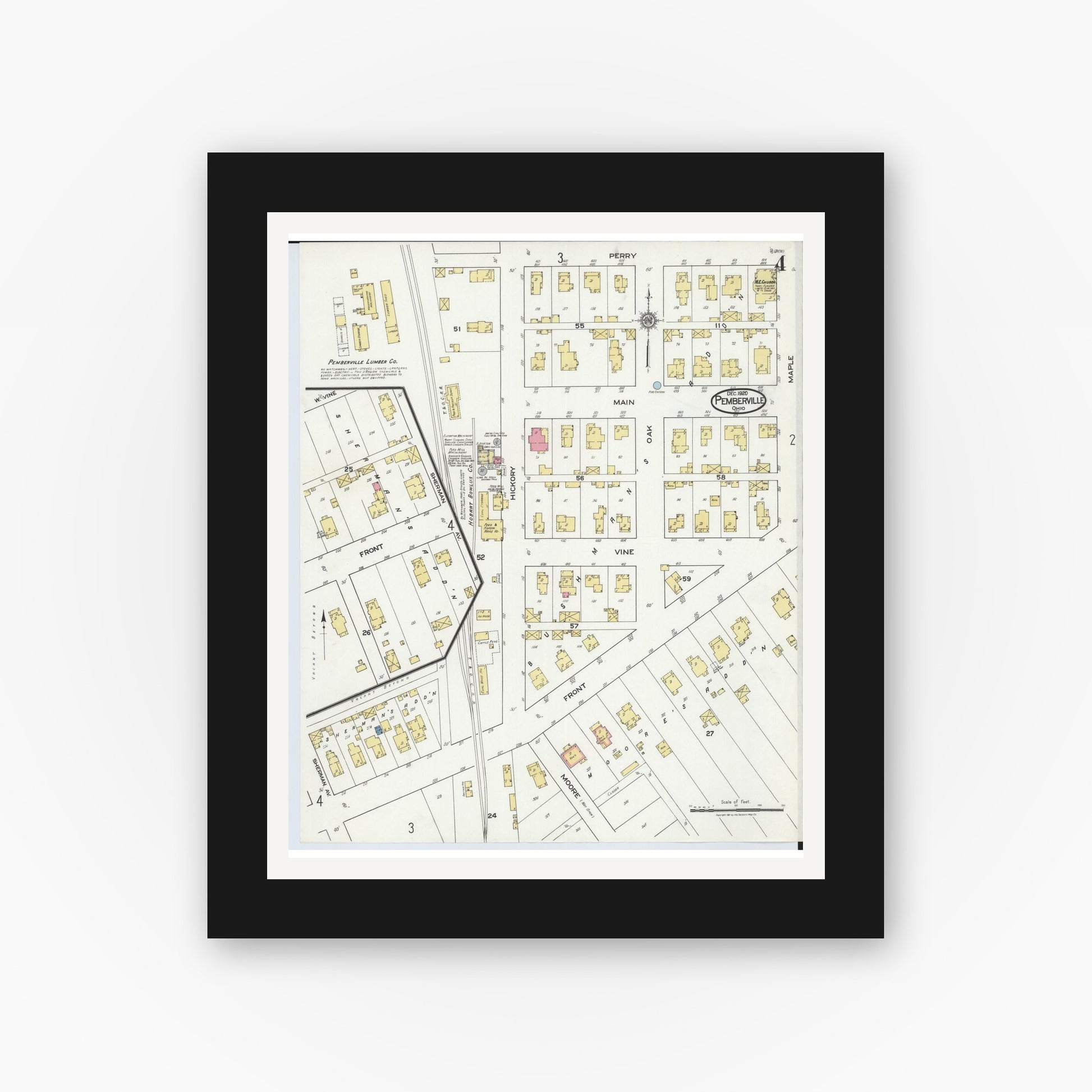 Old map wall art mockup — black gallery frame with white mat — Sanborn Fire Insurance Map from Pemberville, Wood County, Ohio (1920), Sheet #0004