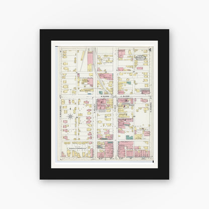 Old map wall art mockup — black gallery frame with white mat — Sanborn Fire Insurance Map from Mansfield, Richland County, Ohio (1892), Sheet #0004