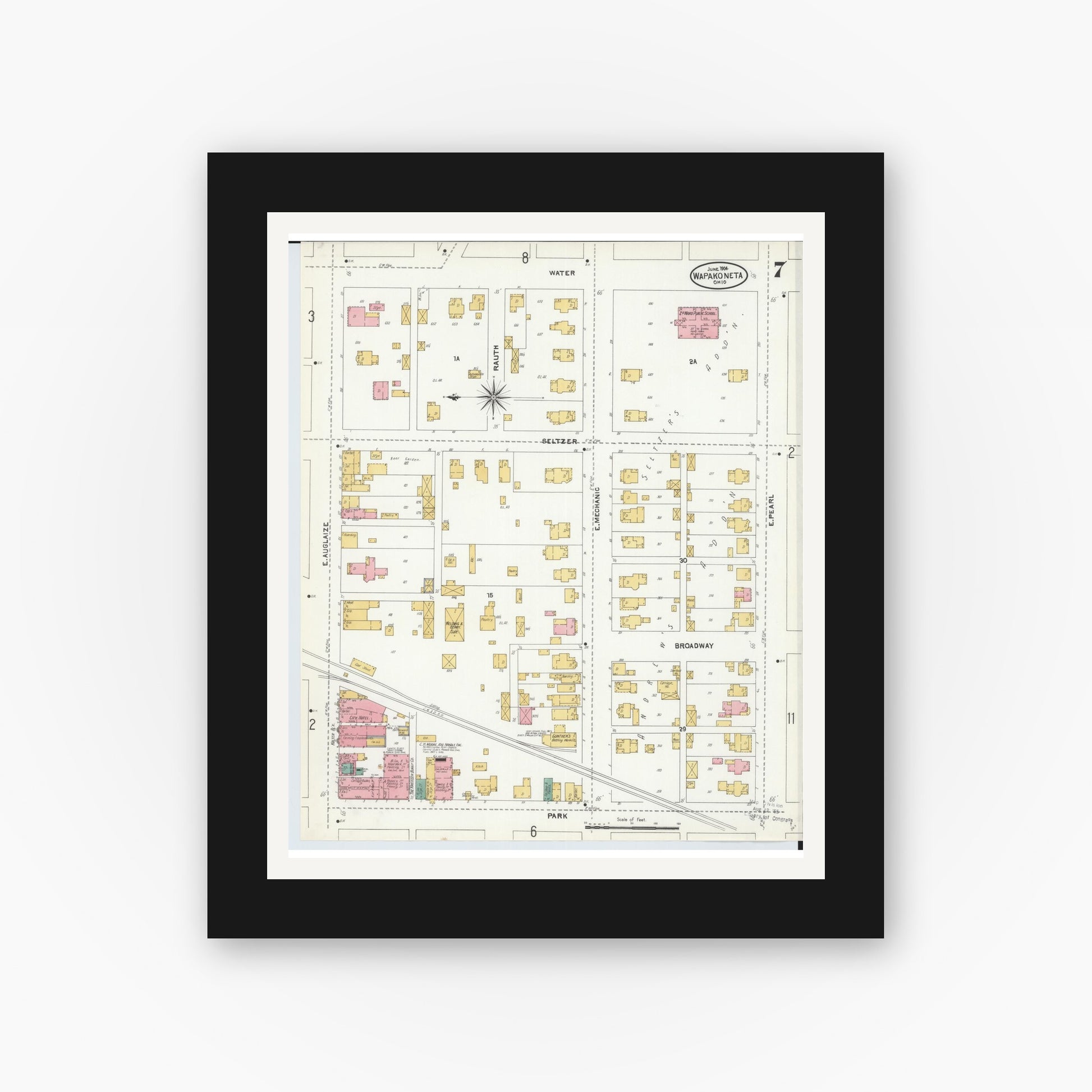 Old map wall art mockup — black gallery frame with white mat — Sanborn Fire Insurance Map from Wapakoneta, Auglaize County, Ohio (1904), Sheet #0007