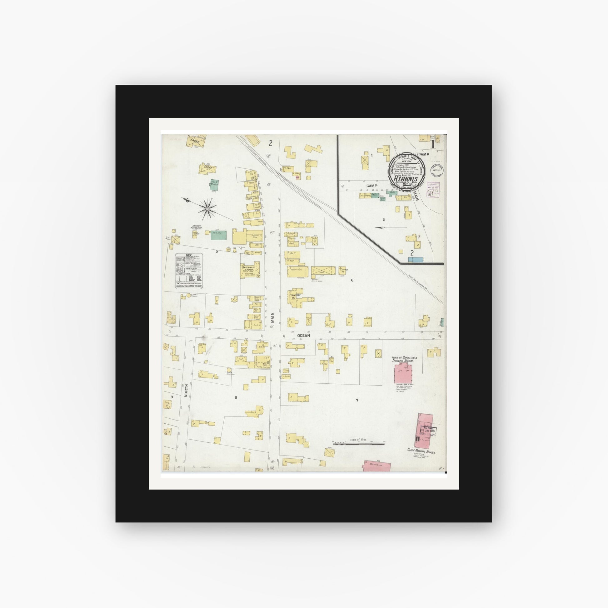 Old map wall art mockup — black gallery frame with white mat — Sanborn Fire Insurance Map from Hyannis, Barnstable County, Massachusetts (1901), Sheet #0001