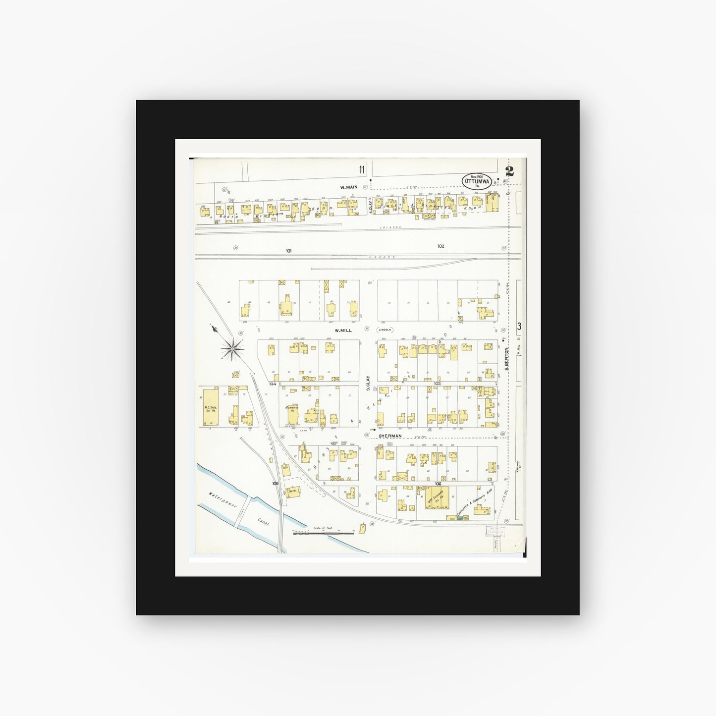 Old map wall art mockup — black gallery frame with white mat — Sanborn Fire Insurance Map from Ottumwa, Wapello County, Iowa (1902), Sheet #0002