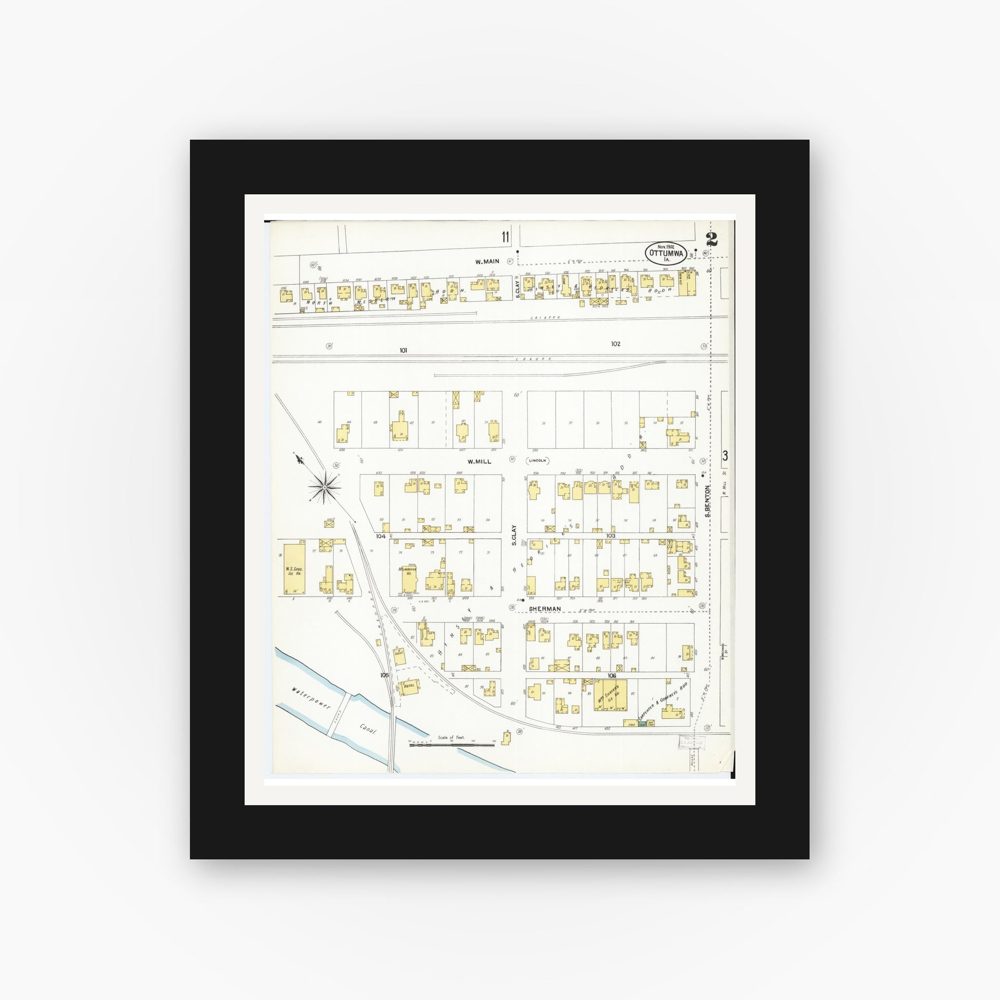 Old map wall art mockup — black gallery frame with white mat — Sanborn Fire Insurance Map from Ottumwa, Wapello County, Iowa (1902), Sheet #0002