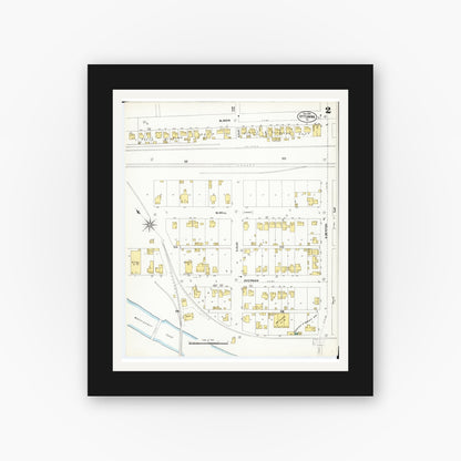 Old map wall art mockup — black gallery frame with white mat — Sanborn Fire Insurance Map from Ottumwa, Wapello County, Iowa (1902), Sheet #0002