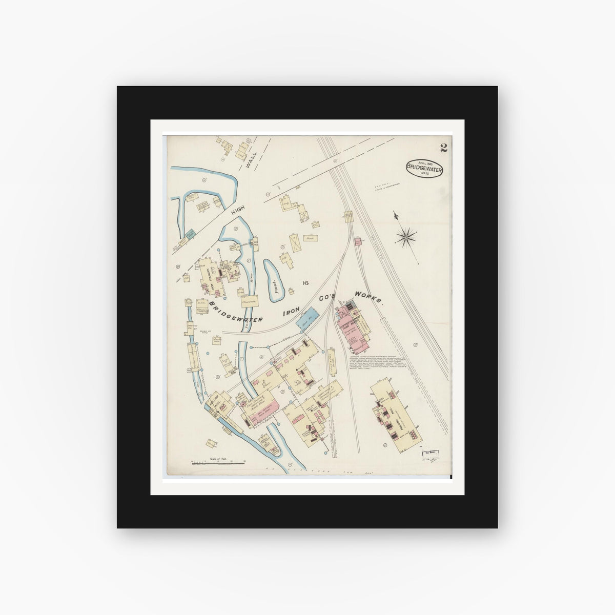 Old map wall art mockup — black gallery frame with white mat — Sanborn Fire Insurance Map from Bridgewater, Plymouth County, Massachusetts (1885), Sheet #0002