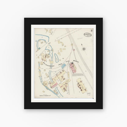 Old map wall art mockup — black gallery frame with white mat — Sanborn Fire Insurance Map from Bridgewater, Plymouth County, Massachusetts (1885), Sheet #0002