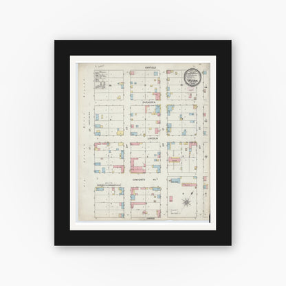 Old map wall art mockup — black gallery frame with white mat — Sanborn Fire Insurance Map from Roma, Starr County, Texas (1894), Sheet #0001