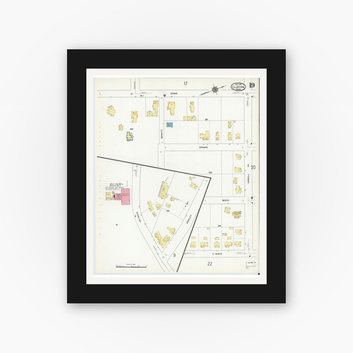 Old map wall art mockup — black gallery frame with white mat — Sanborn Fire Insurance Map from Clinton, Worcester County, Massachusetts (1911), Sheet #0019