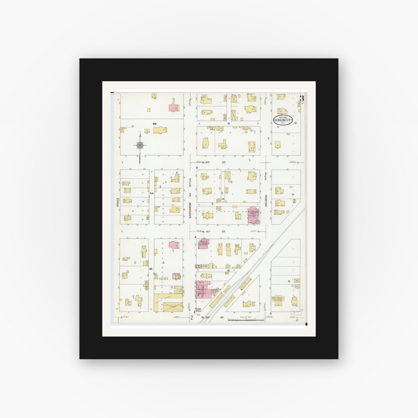 Old map wall art mockup — black gallery frame with white mat — Sanborn Fire Insurance Map from Gibson City, Ford County, Illinois (1910), Sheet #0003
