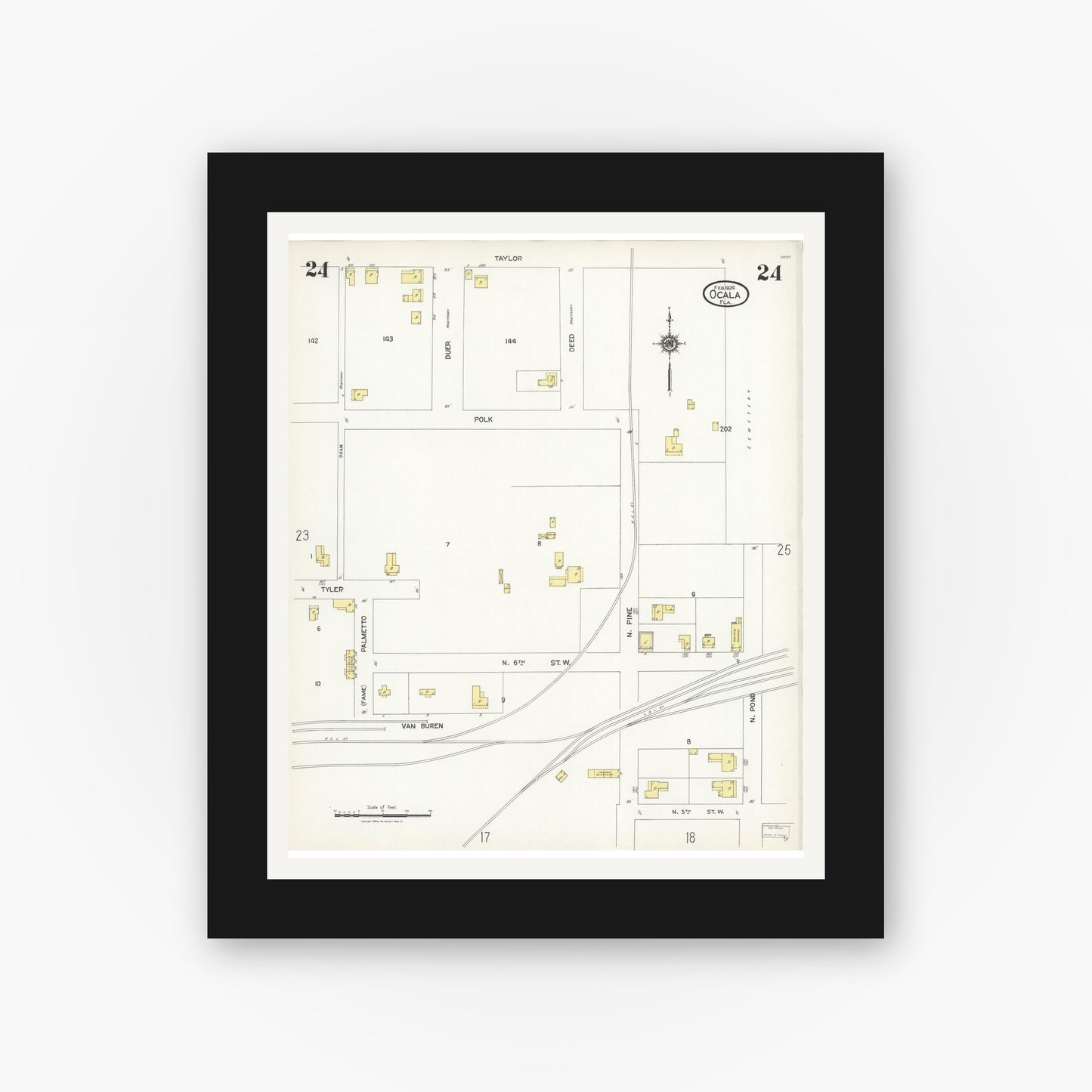 Old map wall art mockup — black gallery frame with white mat — Sanborn Fire Insurance Map from Ocala, Marion County, Florida (1924), Sheet #0024