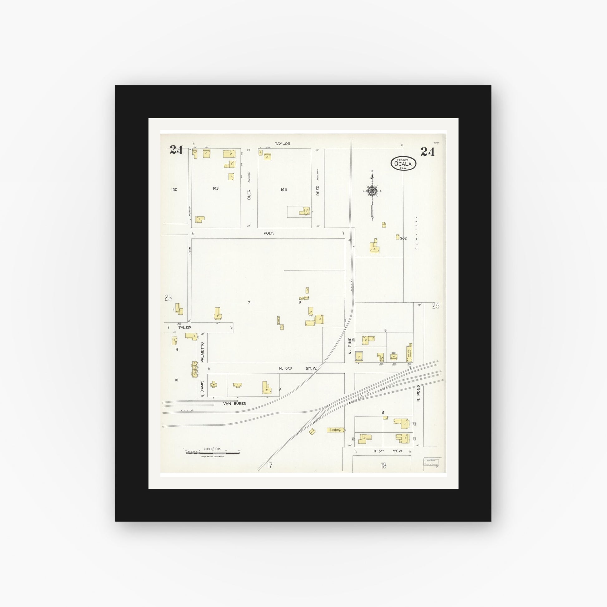Old map wall art mockup — black gallery frame with white mat — Sanborn Fire Insurance Map from Ocala, Marion County, Florida (1924), Sheet #0024