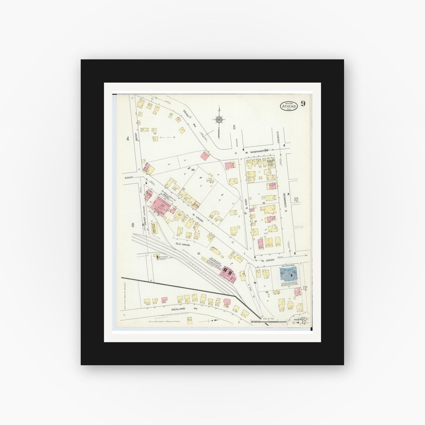 Old map wall art mockup — black gallery frame with white mat — Sanborn Fire Insurance Map from Athens, Athens County, Ohio (1914), Sheet #0009