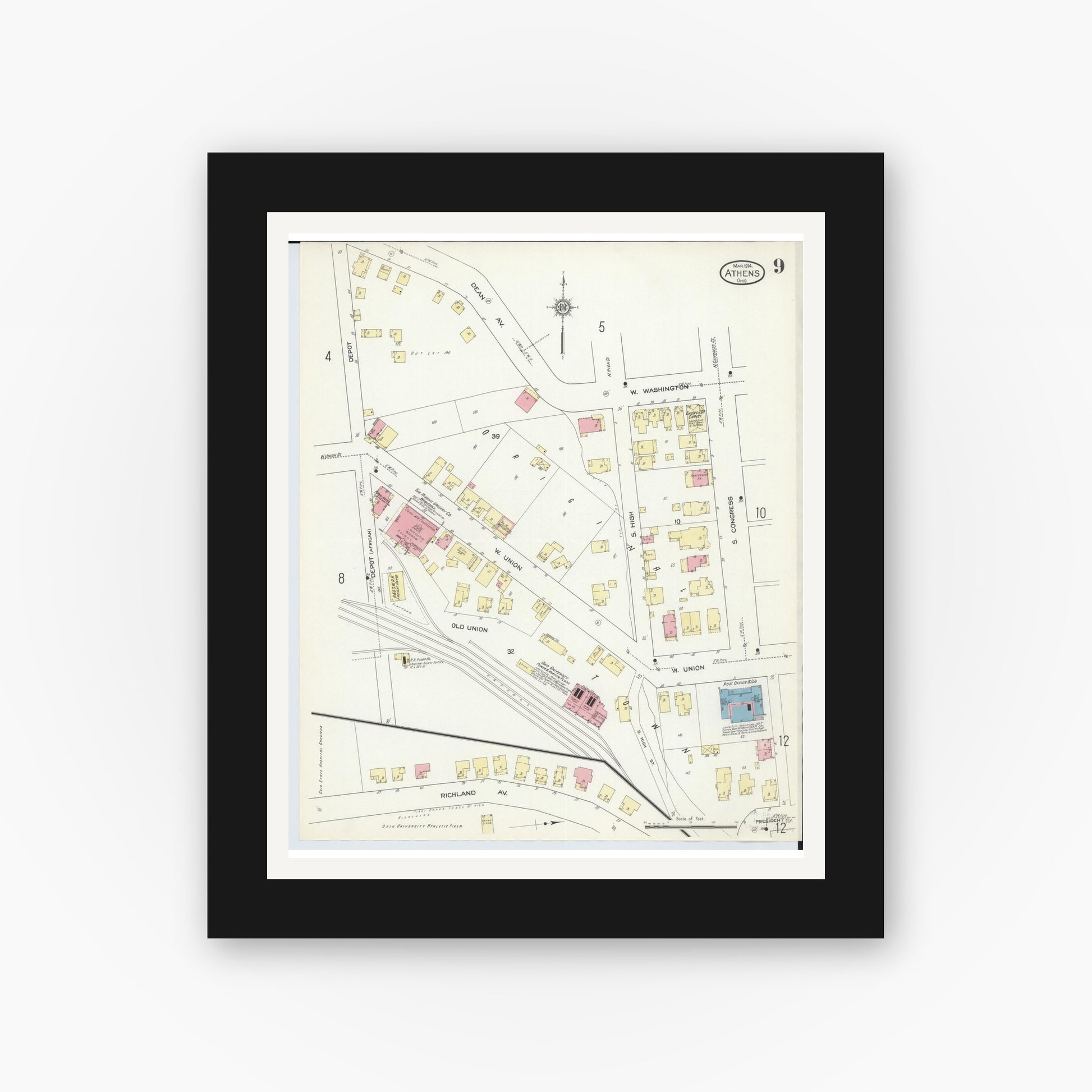 Old map wall art mockup — black gallery frame with white mat — Sanborn Fire Insurance Map from Athens, Athens County, Ohio (1914), Sheet #0009