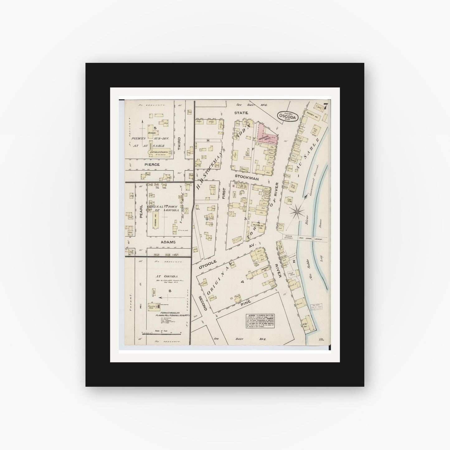 Old map wall art mockup — black gallery frame with white mat — Sanborn Fire Insurance Map from Oscoda, Iosco County, Michigan (1884), Sheet #0007
