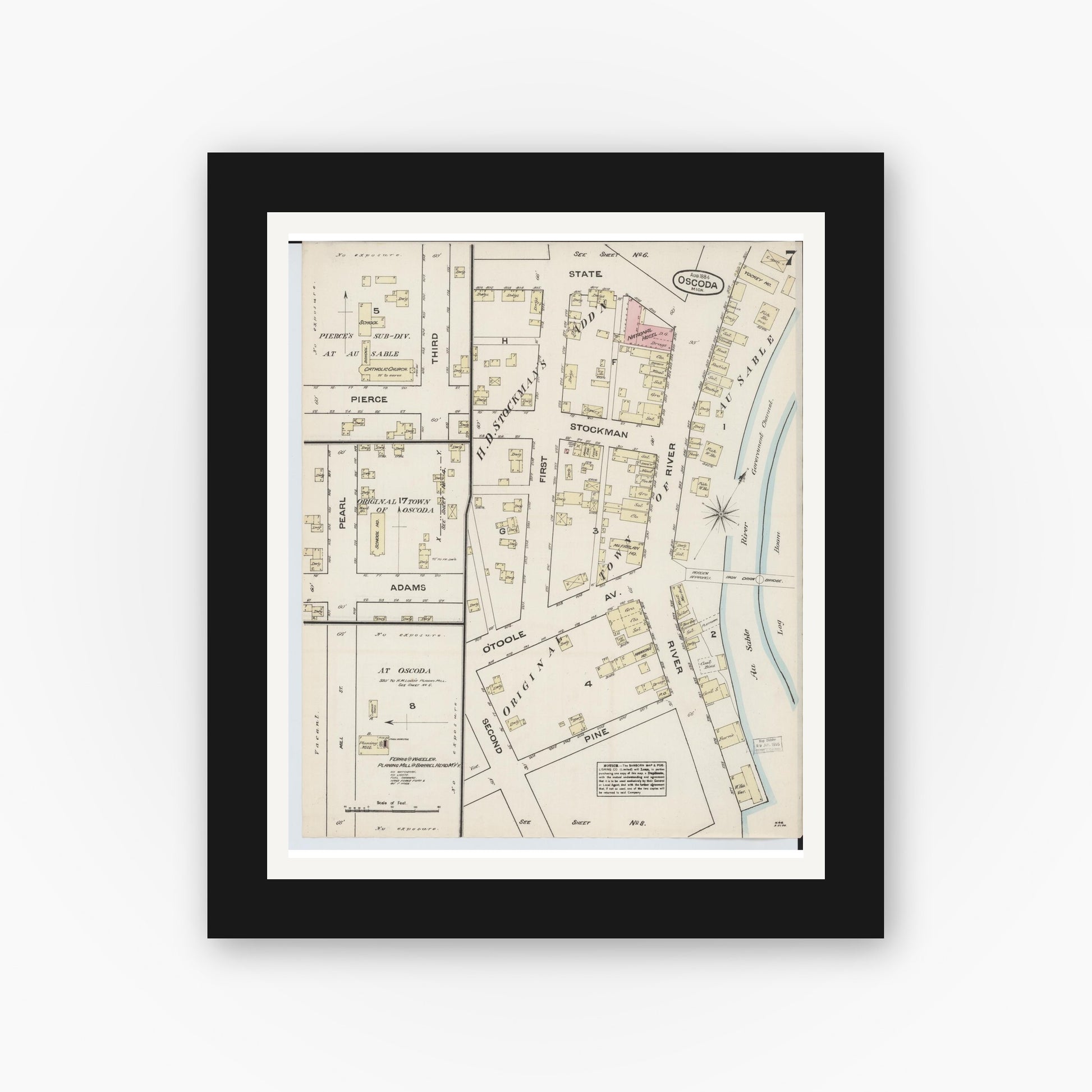 Old map wall art mockup — black gallery frame with white mat — Sanborn Fire Insurance Map from Oscoda, Iosco County, Michigan (1884), Sheet #0007