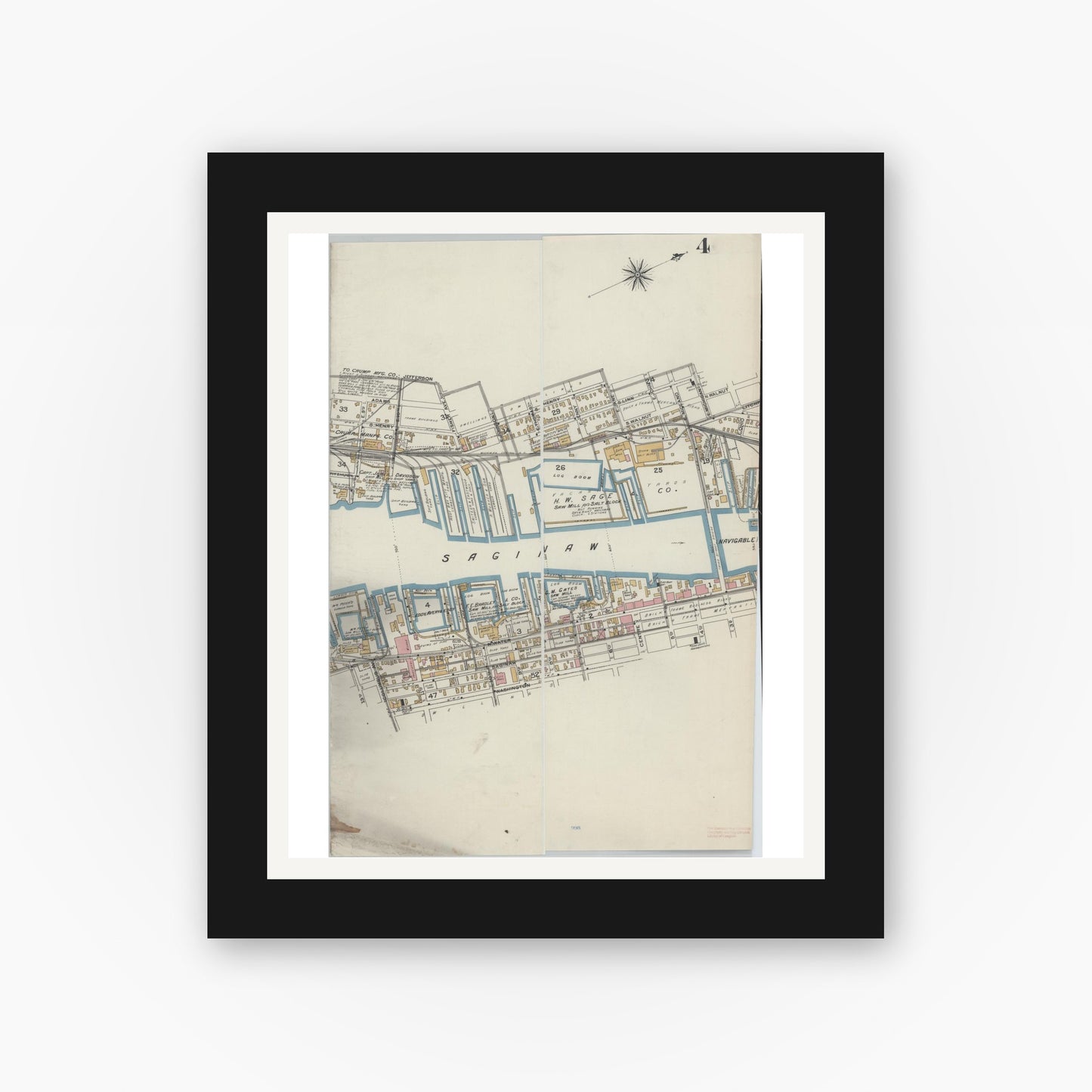 Old map wall art mockup — black gallery frame with white mat — Sanborn Fire Insurance Map from Bay City, Bay County, Michigan (1895), Sheet #0004