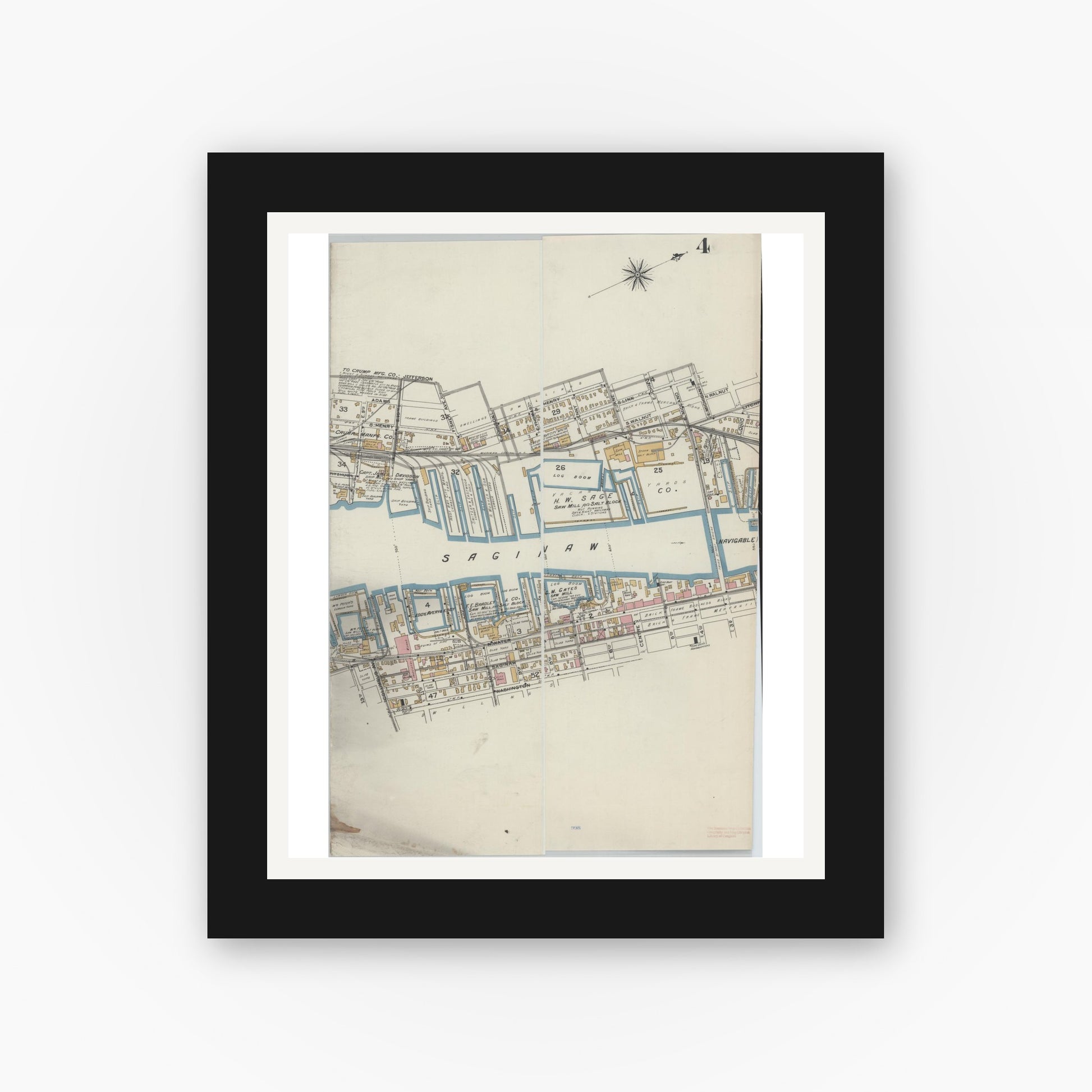Old map wall art mockup — black gallery frame with white mat — Sanborn Fire Insurance Map from Bay City, Bay County, Michigan (1895), Sheet #0004