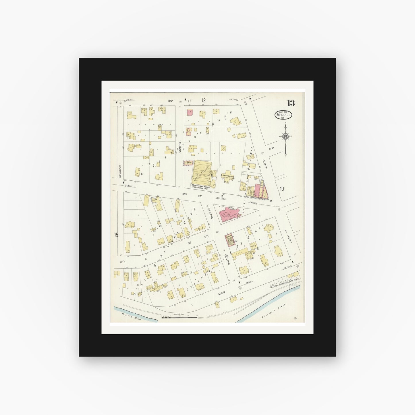 Old map wall art mockup — black gallery frame with white mat — Sanborn Fire Insurance Map from Merrill, Lincoln County, Wisconsin (1913), Sheet #0013