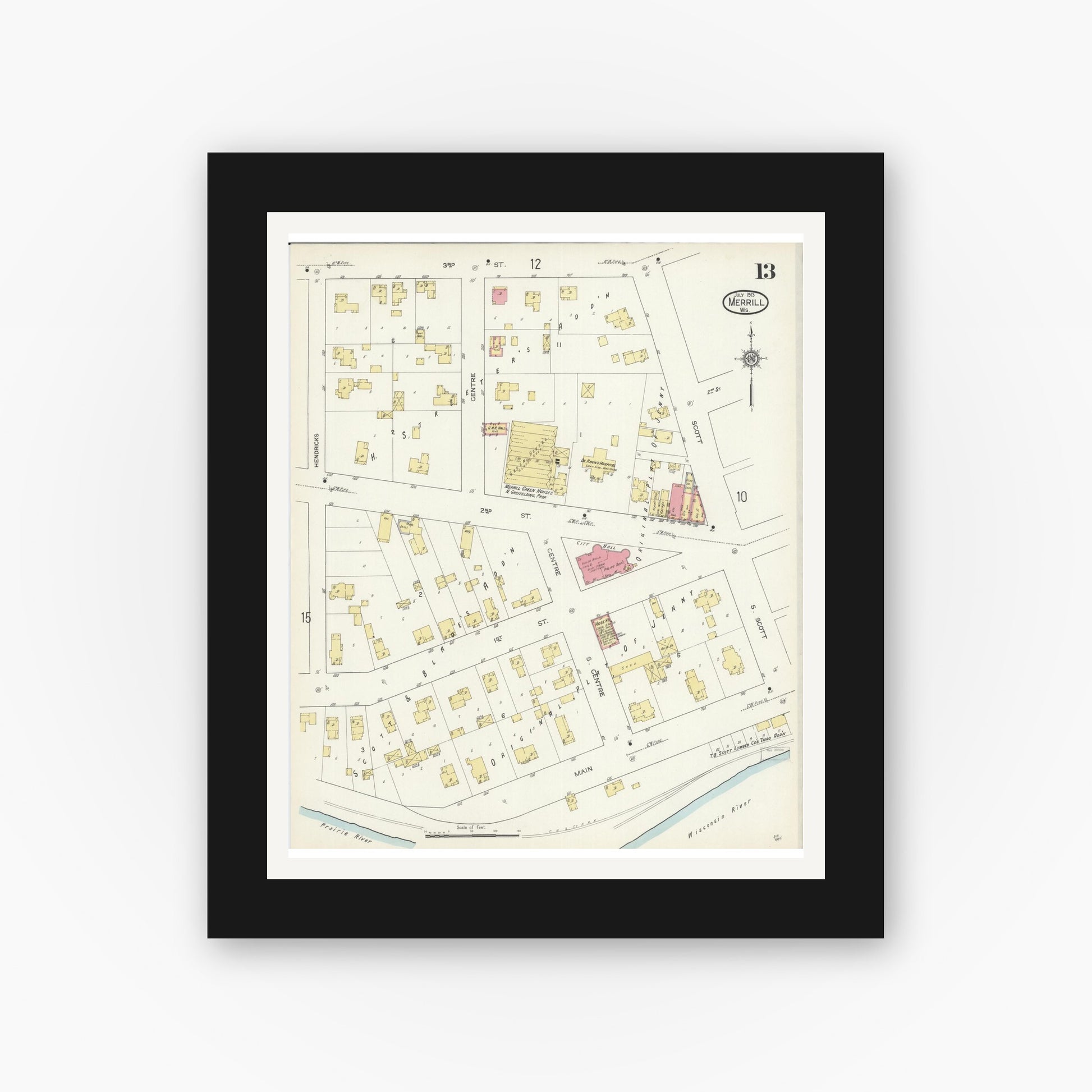 Old map wall art mockup — black gallery frame with white mat — Sanborn Fire Insurance Map from Merrill, Lincoln County, Wisconsin (1913), Sheet #0013