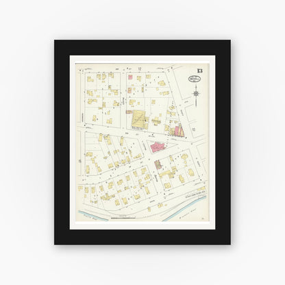 Old map wall art mockup — black gallery frame with white mat — Sanborn Fire Insurance Map from Merrill, Lincoln County, Wisconsin (1913), Sheet #0013
