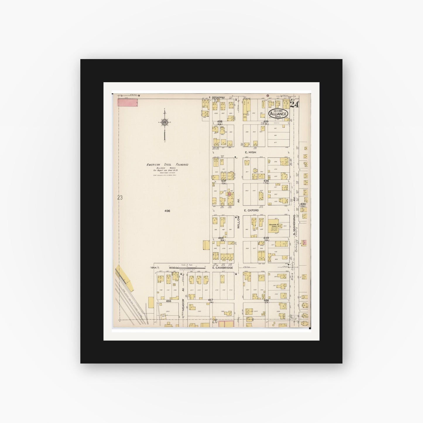 Old map wall art mockup — black gallery frame with white mat — Sanborn Fire Insurance Map from Alliance, Stark County, Ohio (1921), Sheet #0024