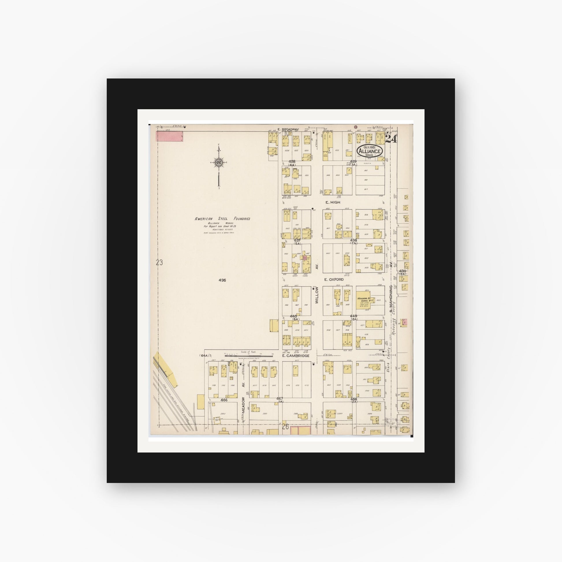 Old map wall art mockup — black gallery frame with white mat — Sanborn Fire Insurance Map from Alliance, Stark County, Ohio (1921), Sheet #0024